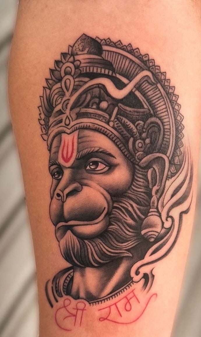 Detailed black and grey devotional Hanuman tattoo at Black Ink studio